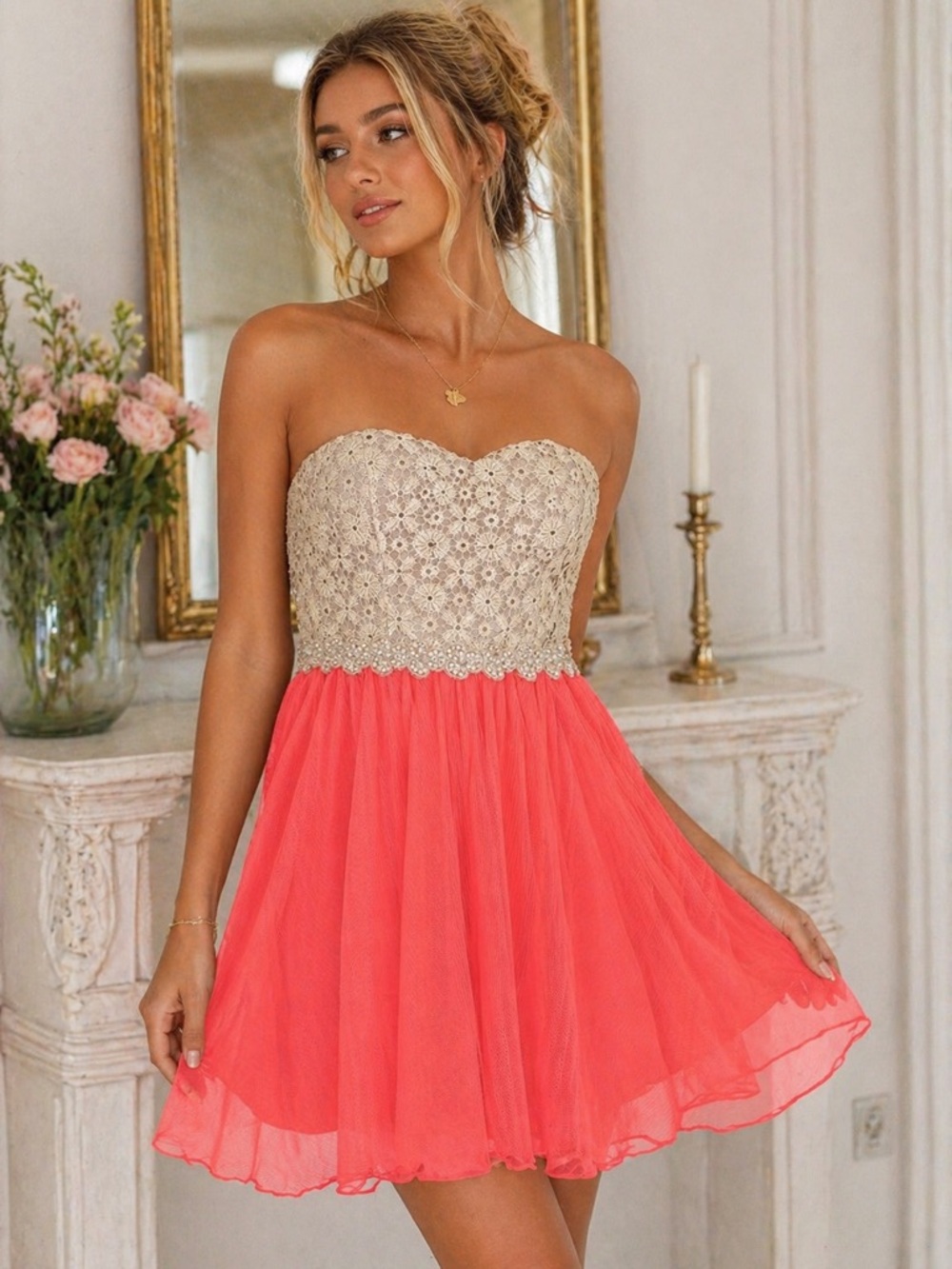 Deb Strapless Lace Tulle Dress Size 5 Coral Cream Coquette Party Formal